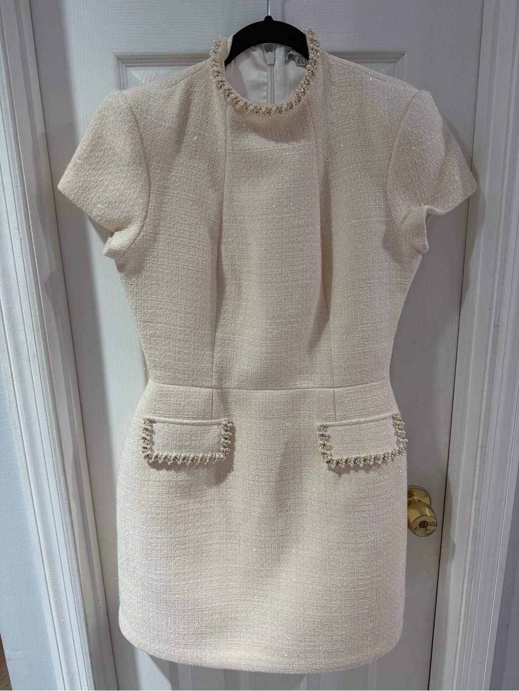 Nadine Merabi Cream Tweed Mini Dress With Pearl Trim